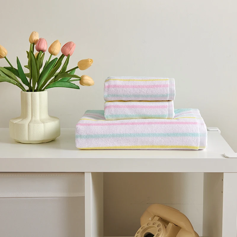 Luxury Rainbow Stripe Towel Or Towel Set,Soft,Water Absorbent,100% Cotton Washcloth For Home Hotel Adult Kids Gift,1/2/3pcs