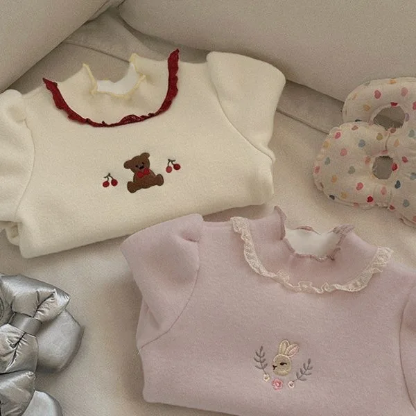 Herbst-Winter-Baby-Spitzen-Fleece-Unterhemd, Mädchen-Oberteil mit Stickerei, warm, langärmelig, weich, dehnbar, Freizeit-Sportbekleidung für Kinder – Detail 2