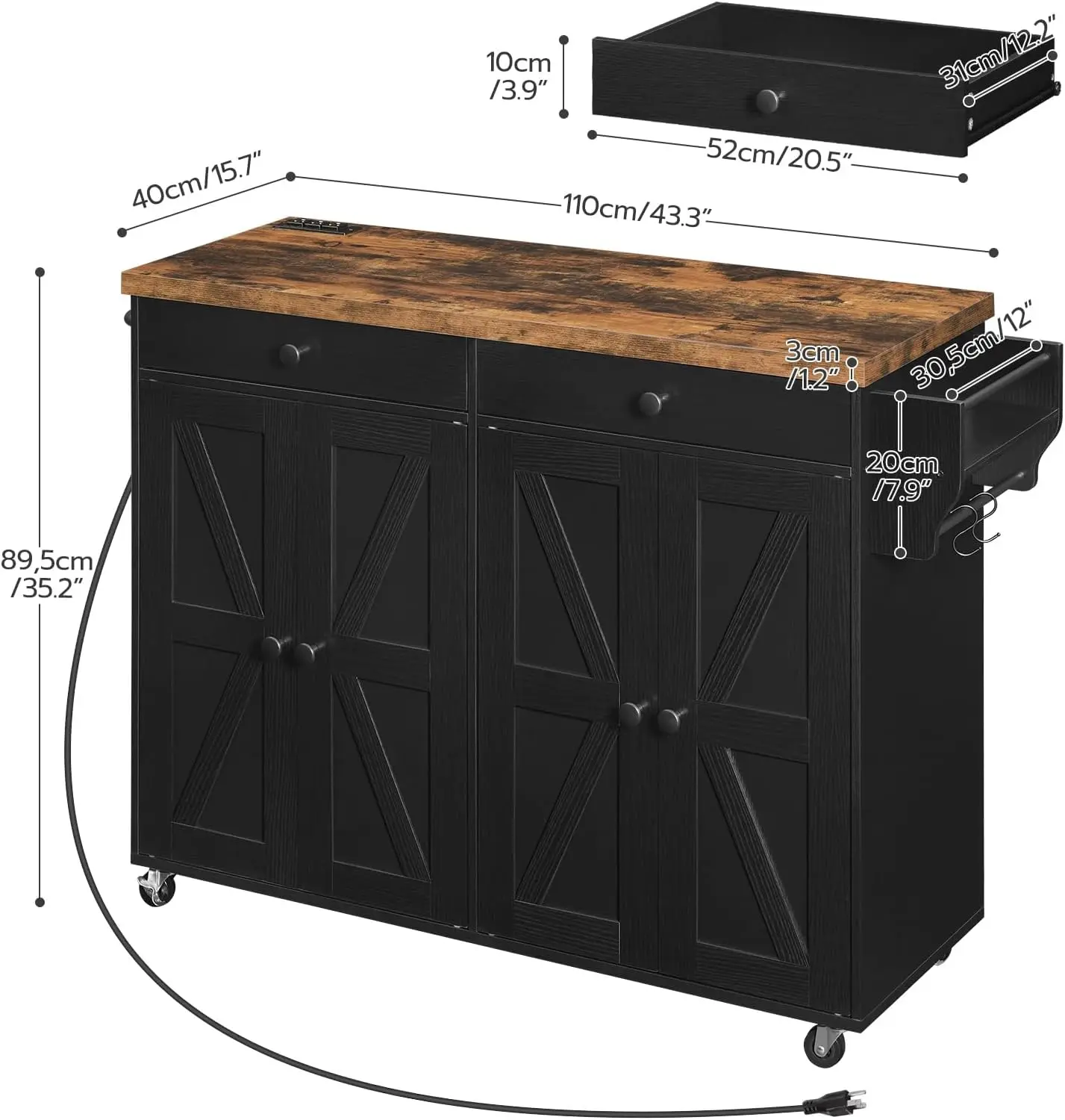 Kitchen Island com estação de carregamento, Rolling Spice Rack, Storage Cart, 43.3 Polegada