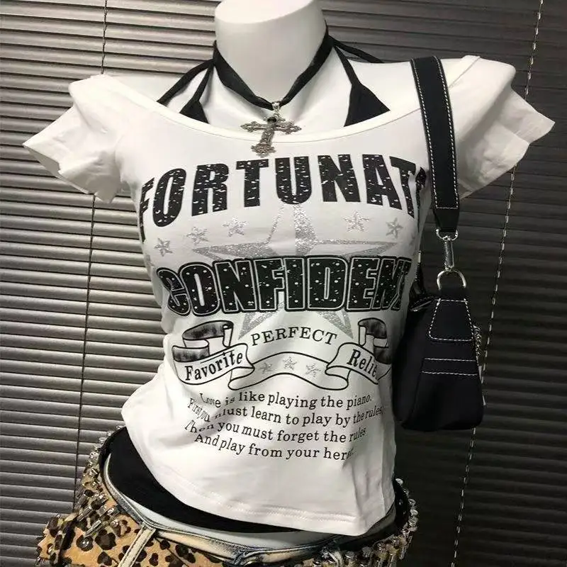 Summer Fake Two Pieces Halter Bandage Vintage T-shirts Y2k Aesthetic Slim Crop Tops Women Grunge Print Harajuku Casual Sexy Tee image 5