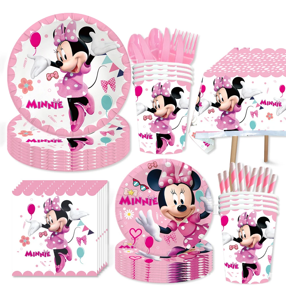 Disney Minnie Mouse Party Decorations Pink Minnie Tableware Paper Cups Plates Napkin Tablecloth Banner Kids Birthday Baby Shower