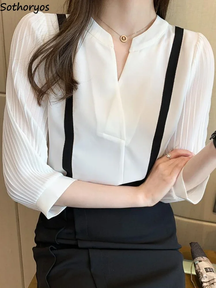 Blouses Women Trendy Classic Fit V-neck European Style Spring Office Simple Spliced Comfortable New Elegant Creativity All-match