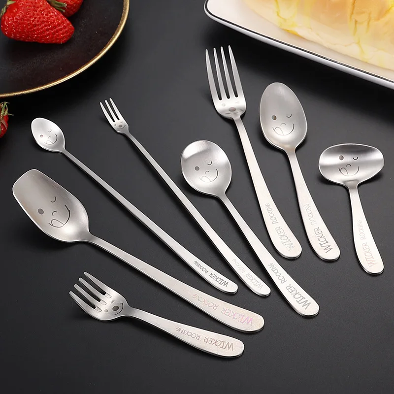 Jenny&Dave 304 stainless steel tableware knife fork spoon laser smiling face creative cartoon oblique handle sanding children's