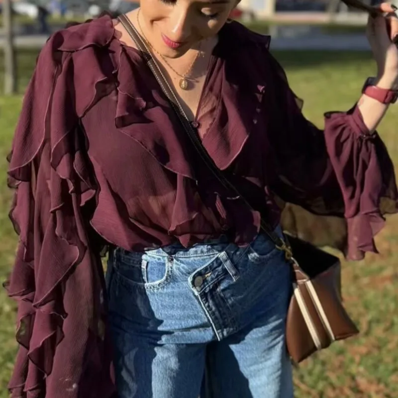 

2025 Women's Korean New Style V-Neck Blouse with Ruffled Trim Design Sense Long Sleeve Top Coats Casual Office Daily Street Wear