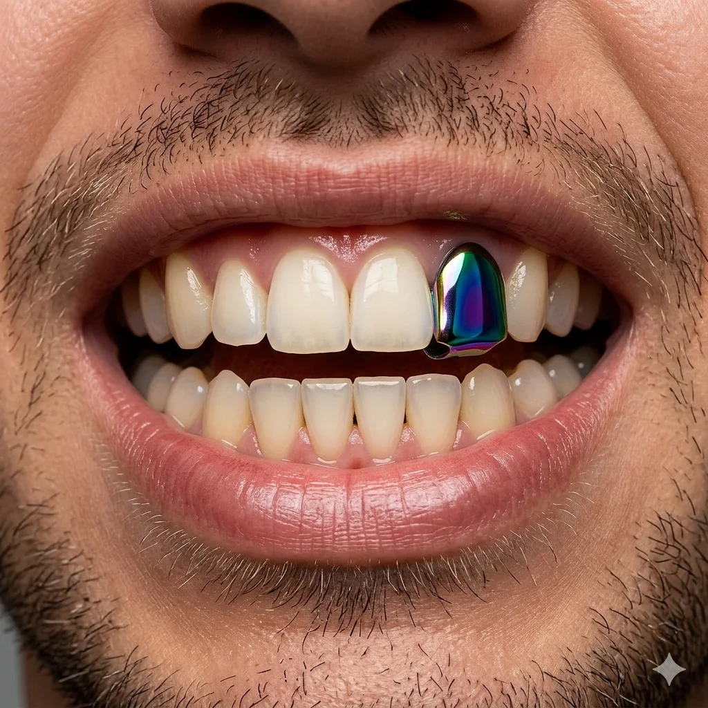 GUCY Rainbow Iridescent Single Tooth Grillz Hip Hop Canine Cap Jewelry for Halloween Christmas Party Carnival Cool Gift for Men