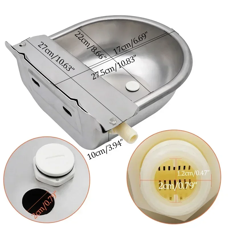 Stainless Steel Cow Drinking Water Bowl with Drain Hole Water Outlet Automatic Float Farming Trough for Cattle Sheep Dog Horse