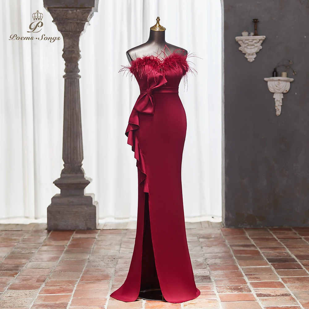 Glamorous Burgundy Strapless Evening Dress with Delicate Feather Trim and Ruffle vestidos de fiestas elegantes mujer