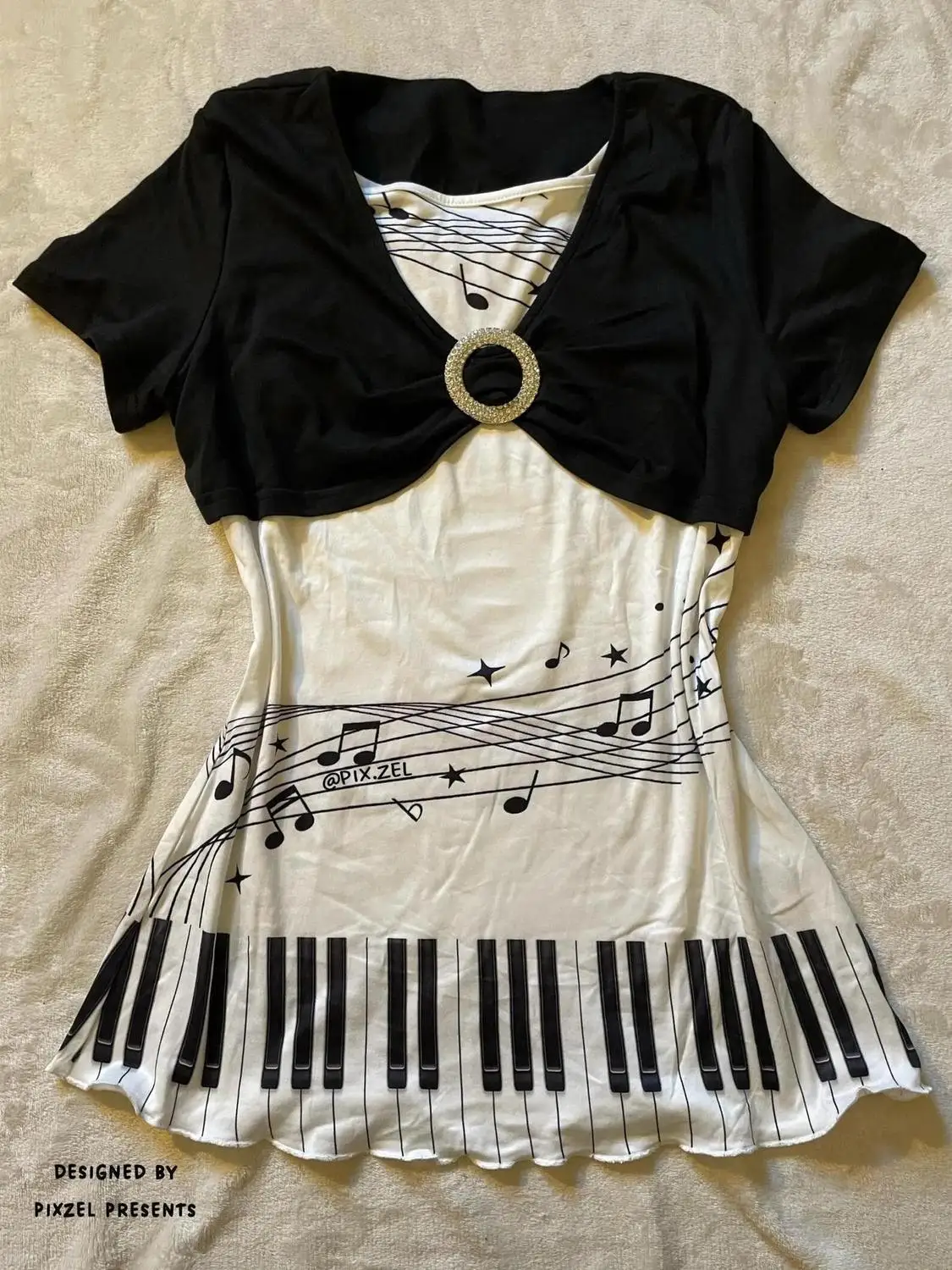 American Subculture Black White Notes Piano Print Short Sleeved T-shirts Aesthetic Harajuku Y2k Graphic T Shirts Ropa Mujer