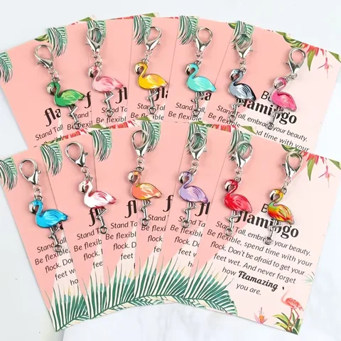 12-Piece Elegant and Charming Flamingo Keychain Set, with Flamingo Encouragement Cards - Cartoon-Style, Stylish and Exquisite Animal-Themed Accessories, 2D Flat Keychains, Suitable as Trendy Pendants for Handbags, Backpacks, Wallets, Ideal as Birthday Gifts or Holiday Gifts