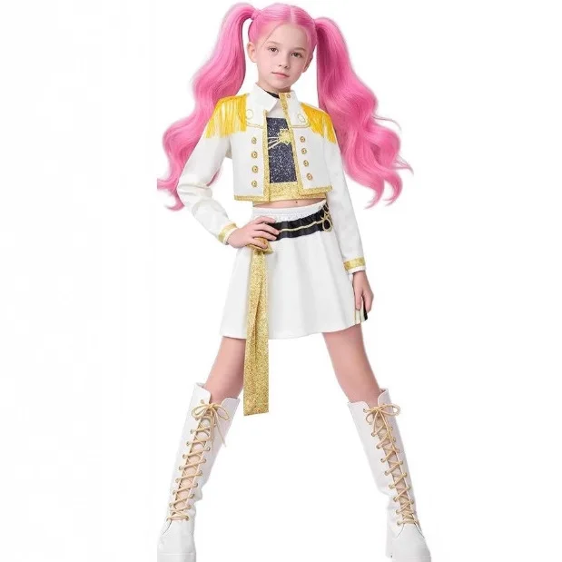 2025년 인기 소녀 수트 애니메이션 K팝 데몬 헌터 의상과 인기 가수 여성 어린이 가발 세트 할로윈 의상이 짝을 이루고 있습니다.