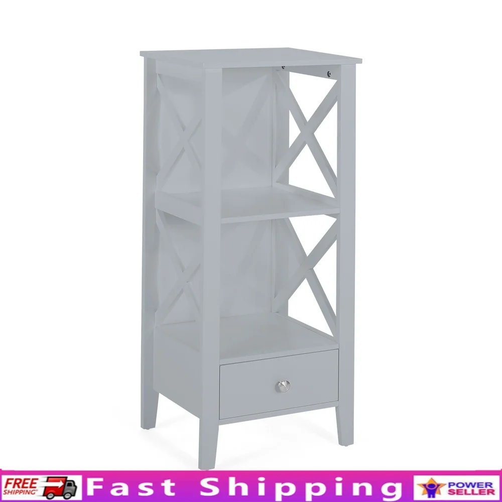 

Modern Bathroom Floor Storage Rack with Drawer Faux Wood Cross Frame Design Two Shelves Indoor Organizer Gray Finish