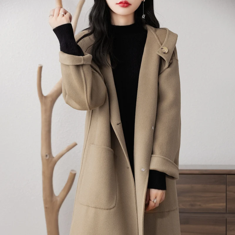 Women's Double-Sided Cashmere Coat, Hooded, Mid-length, Single-Breasted, 100% Wool