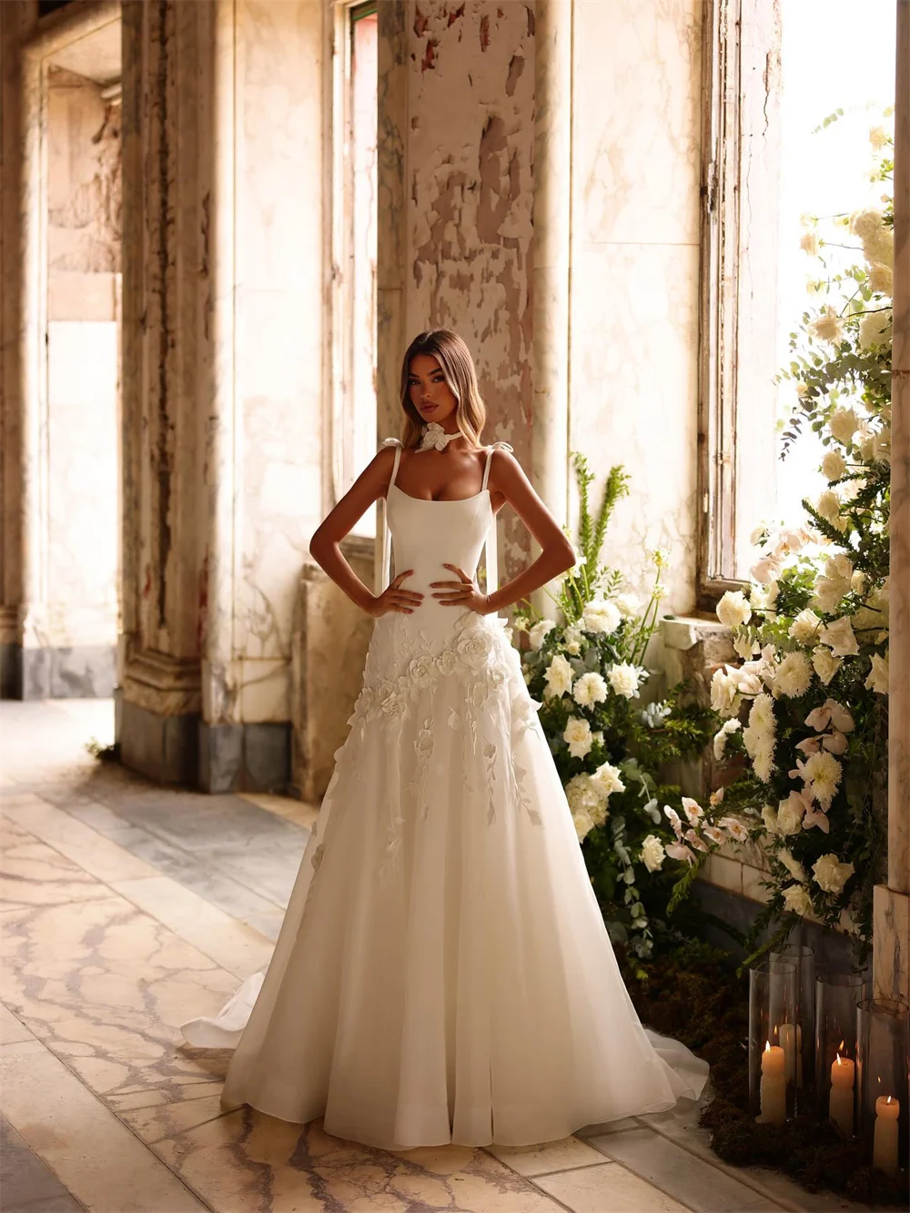 Tokyo Customized Elegant Square Collar Wedding Dresses Sleeveless Back Lace-Up Tulle Bridal Gowns White A-Line Wedding Gowns