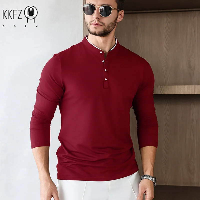 2025 New Men's Casual and Fashionable Solid Color Long Sleeved Stand Up Collar T-shirt Summer Versatile and Comfortable Top