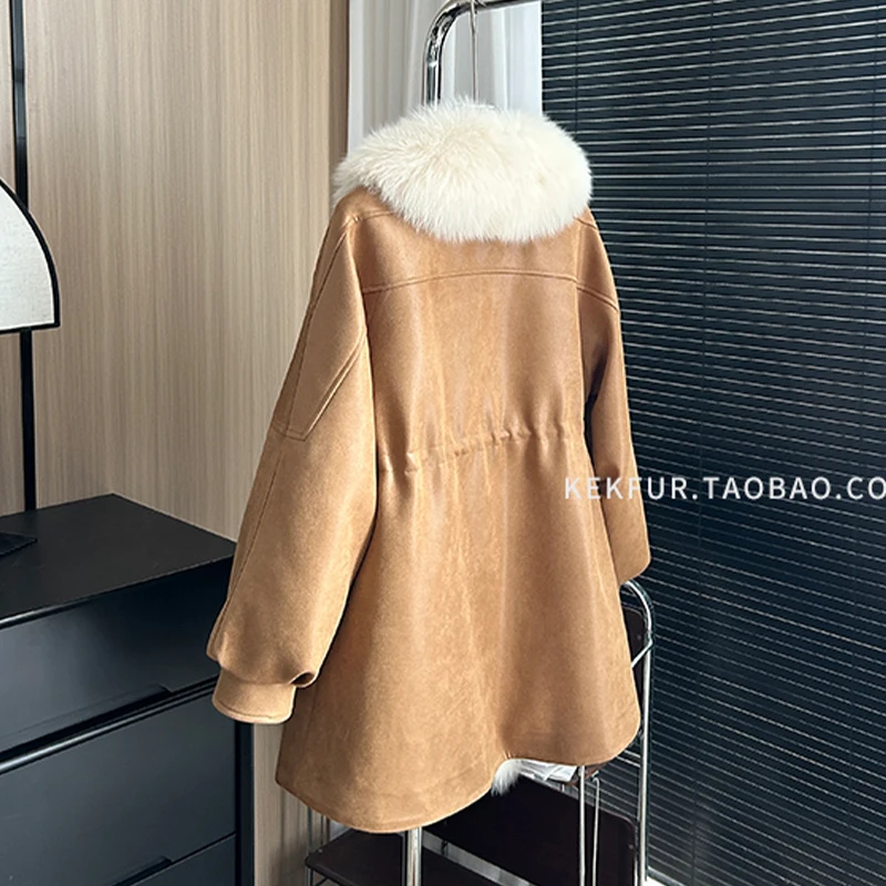 2024New Winter Women Long 80CM White Duck Down Jackets 100% Natural Oversized Fox Collar Suede Fashion Casual Windproof Coats