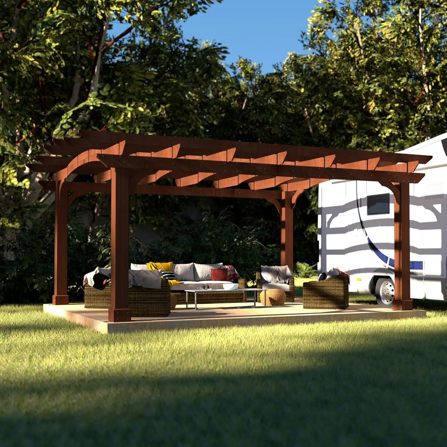 

10x12 FT Wooden Pergola, Cedar Wood Gazebo with Arched Roof, Outdoor Garden Shelter with Stakes Included, Patio, Deck