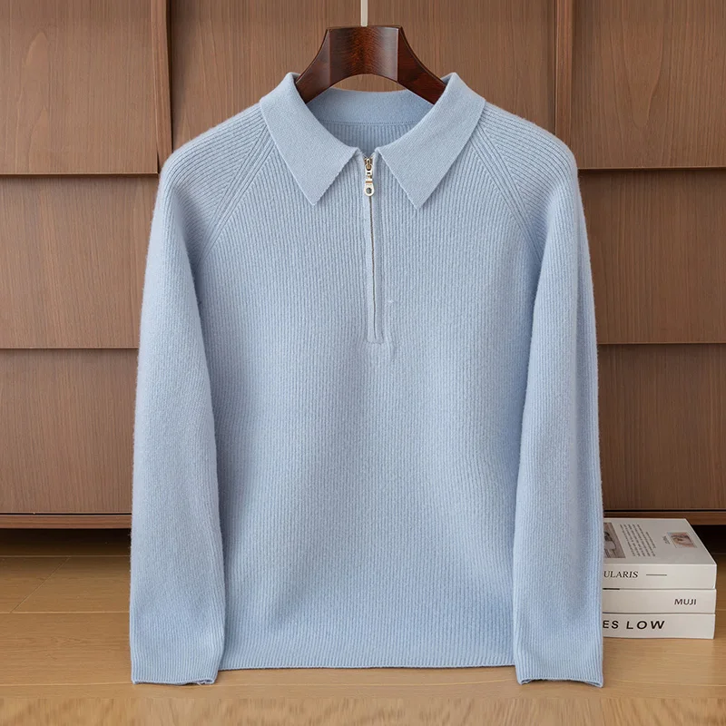 Fall/Winter 100% Pure Wool Men's Lapel Pullover Sweater Business Knitting Casual Bottoming Cashmere Sweater Top