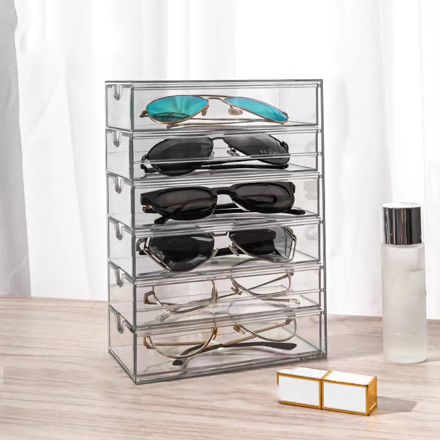 Contemporary Acrylic Sunglasses Display Stand with Multiple Drawers - Plastic Eyewear Organizer Box - Dustproof Tabletop Glasses