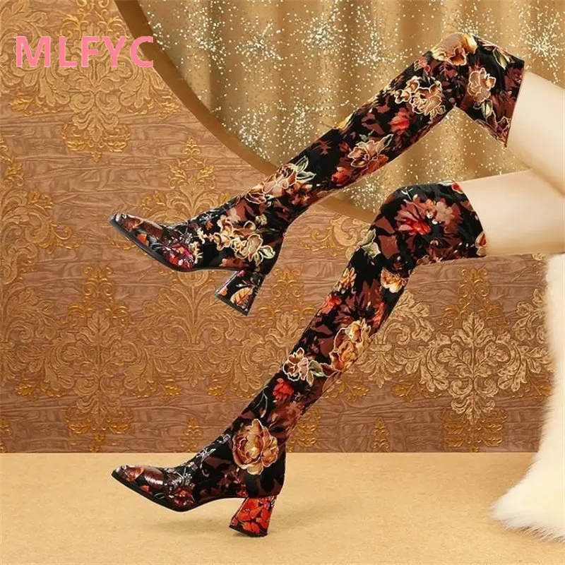 

Color-blocking flower knee-length boots Women's national style printing pointed thick heel elastic boots 2023 winter new boots