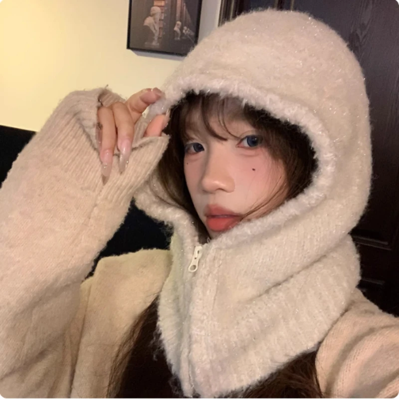 

Корейский пуловер, вязаная шапка-балаклава, зимняя уличная теплая и морозостойкая накидка на шею, интегрированная защита шеи, шапки-бомберы для женщин