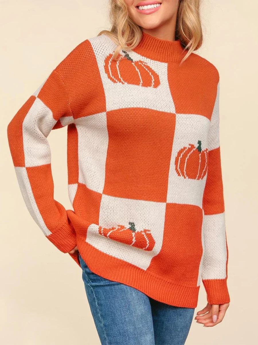 New Women Halloween Pumpkin Sweater Loose Checkerboard Mock Neck Long Sleeve Pullover Knit Tops Casual Streetwear S M L