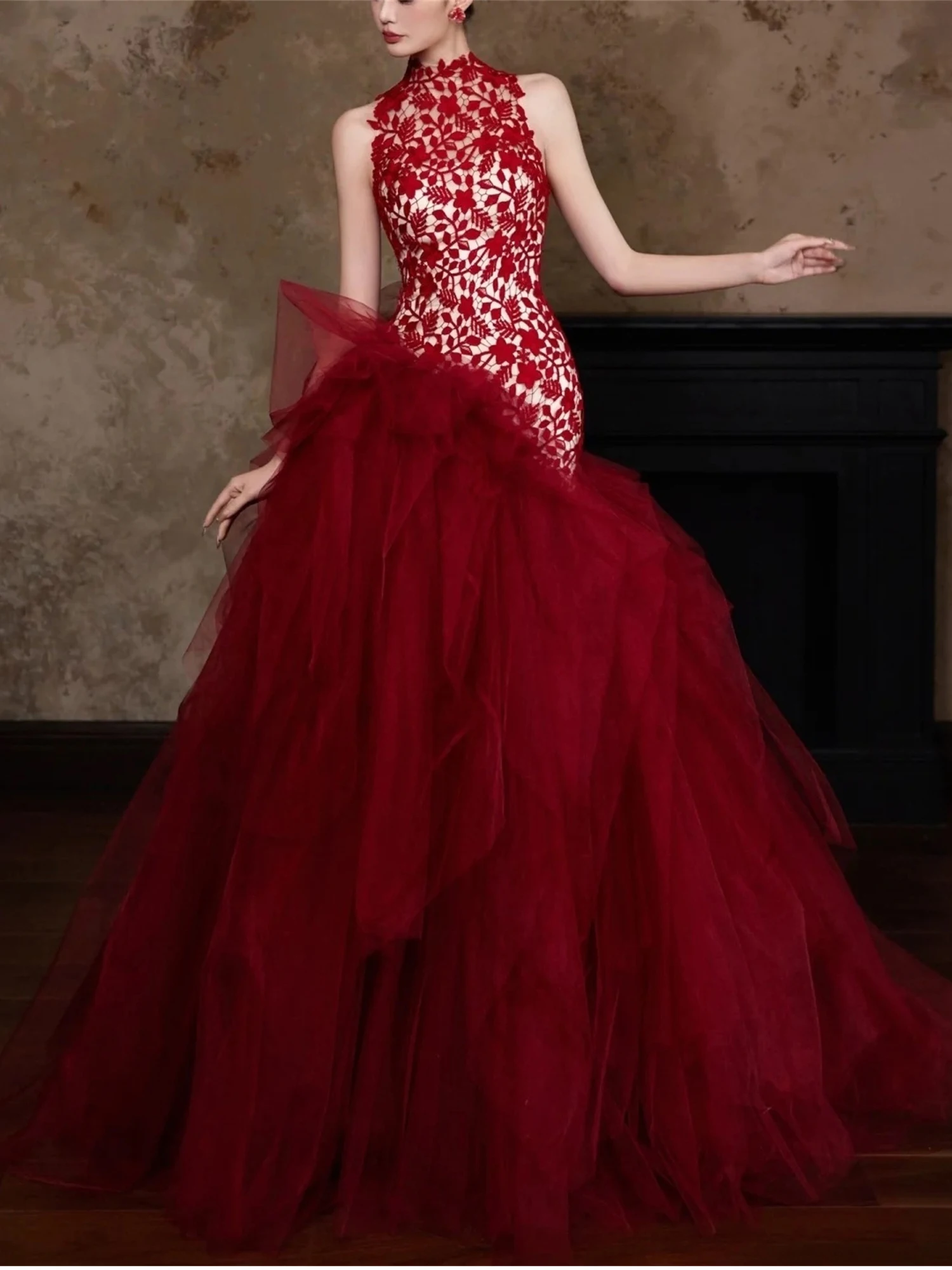 

Красное свадебное платье 2026: Новинка, кружевное платье-русалка для женщин, модное, с завышенной талией, на молнии сзади, длинное вечернее платье для вечеринок