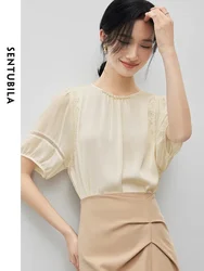 SENTUBILA Splicing Lace Chiffon Blouses Women 2024 Summer Elegant Round Neck Short Sleeve Lightweight Womens Tops 142V54895