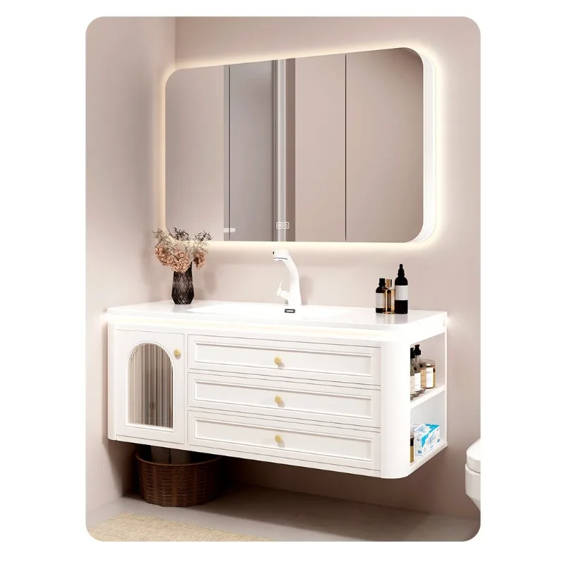 

Керамическая комбинированная тумба для ванной с интегрированной раковиной, умывальник с закругленными углами, тумба под раковину.