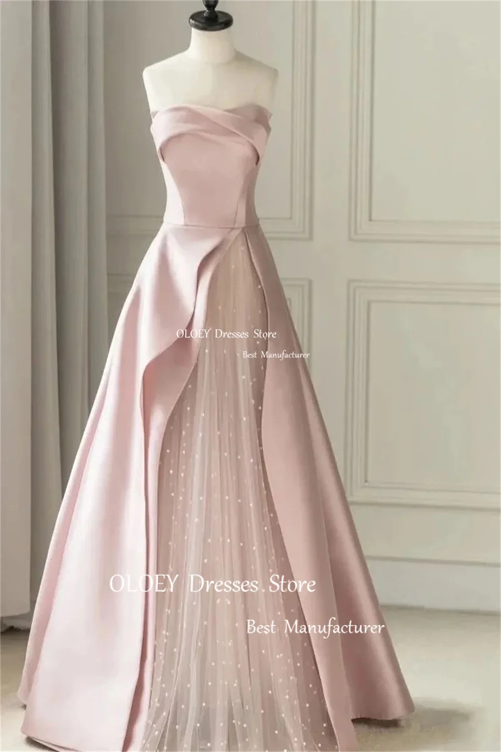 OLOEY Elegant Strapless Black Satin Evening Dress Sleeveless Pink Tulle Pleats Wedding Party Dress Wedding Photoshoot A Line