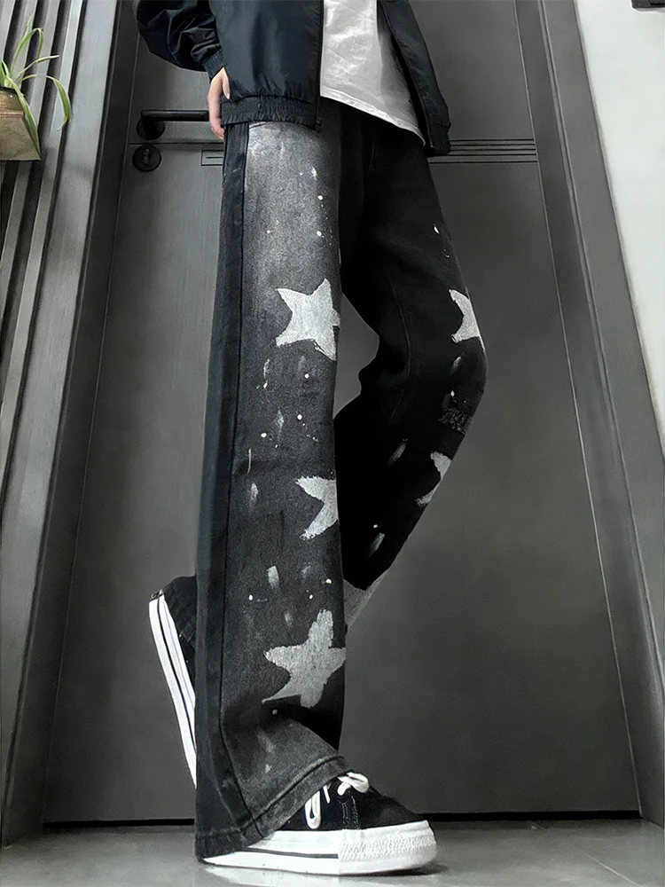 

Мужские джинсовые джинсы со звездным принтом, прямые брюки, расклешенные в стиле хип-хоп, смесь хлопка и полиэстера, износостойкая повседневная одежда