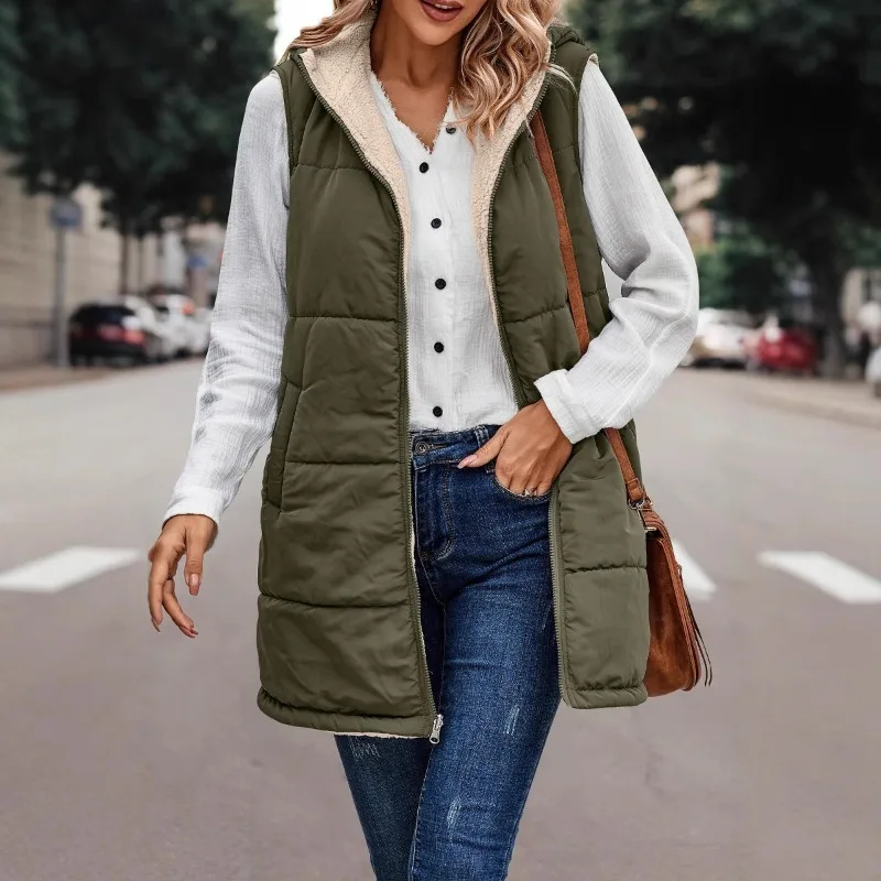 Women's Clothing Solid Warm Hooded Cotton Coat Vest Reversible Slim Elegant Cardigan Outerwear Vest Winter Clothes Women