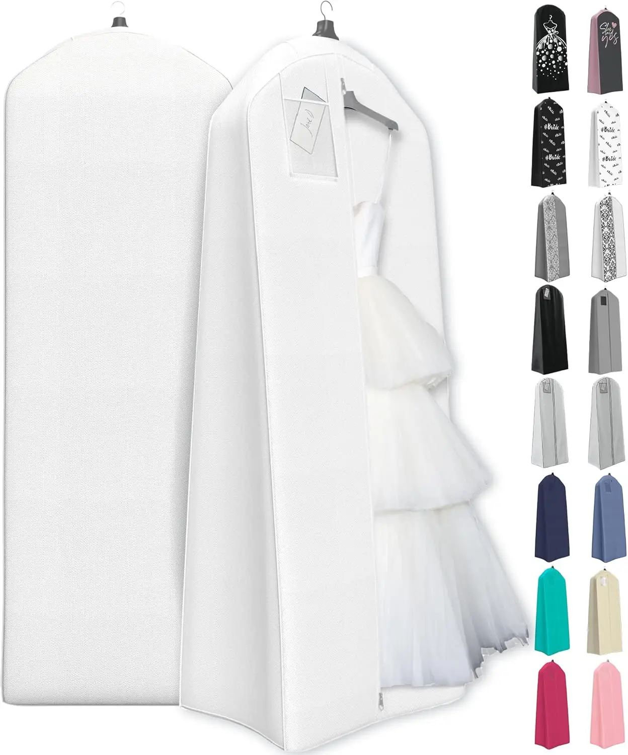 

Extra Long Wedding Dress Garment Bag 72in with 20in Gusset for Travel & Storage - White