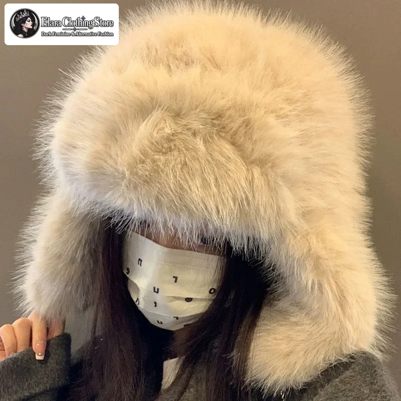 Unisex Adult Winter Faux Fur Trapper Hat Fluffy Long Earflaps Adjustable Buckle Chin Strap Solid Colors Casual Style Bomber Cap