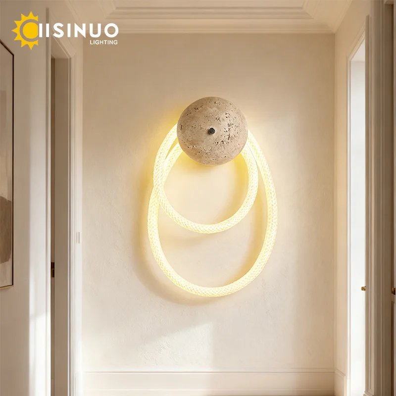 Wabi-Sabi Travertine Natural Stone Wall Lamp Woven Silicone Soft LED Bedside Sconce for Bedroom Living Room Entryway Hotel Decor
