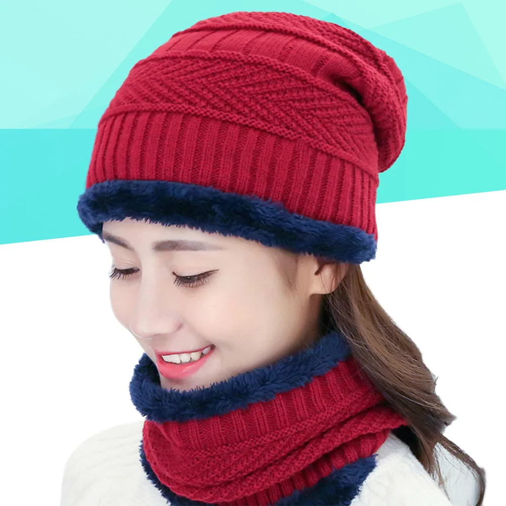 

Hat and Scarf Set Winter Knitted Beanie One Size Fits Most Thickened Knit Hat Scarf Set Crimson Outdoor Warm Headwear Bib
