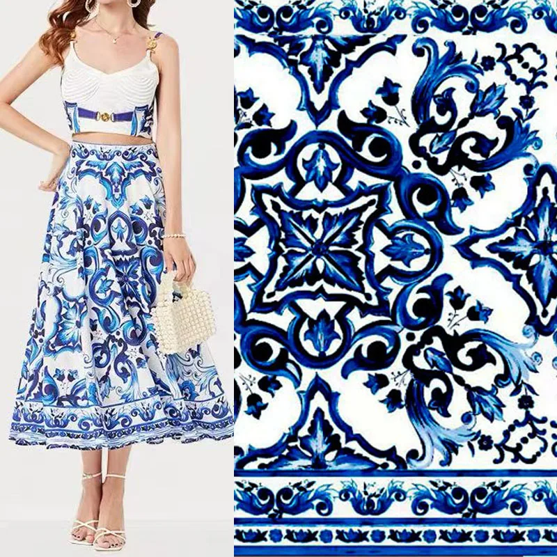 

Blue and White Porcelain Printed Poplin Cotton Fabric For Skirt/Blouse Telas Para Costura Tissus DIY Cloth Sewing Material
