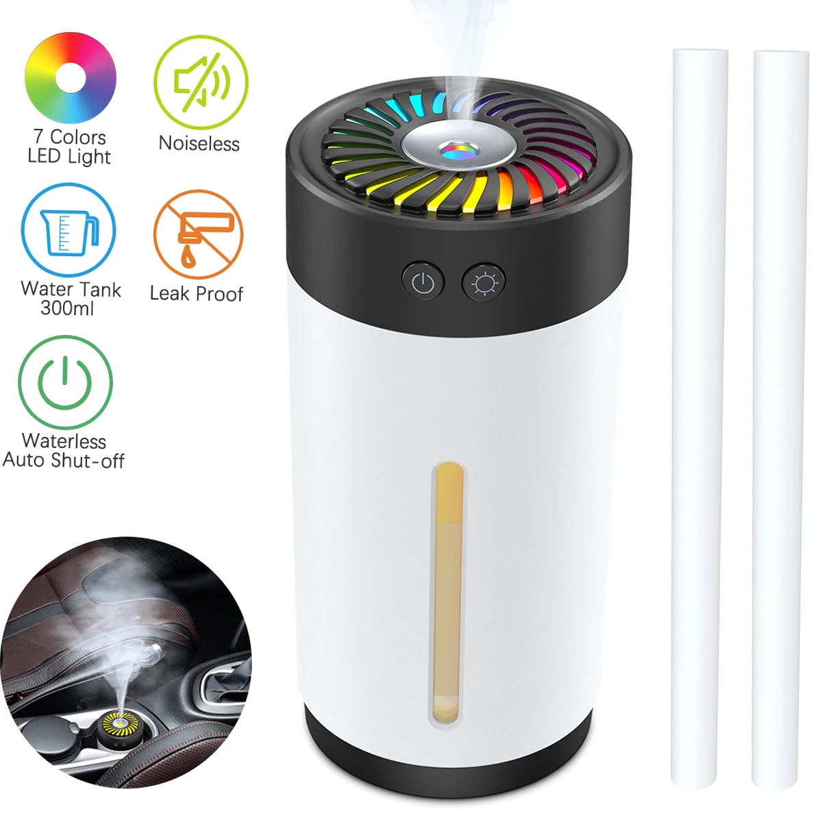 300ml Mini Ultrasonic USB Humidifier with 7 Colors LED Light Dual Mist Modes Whisper-Quiet Operation & Automatic Shut-Off