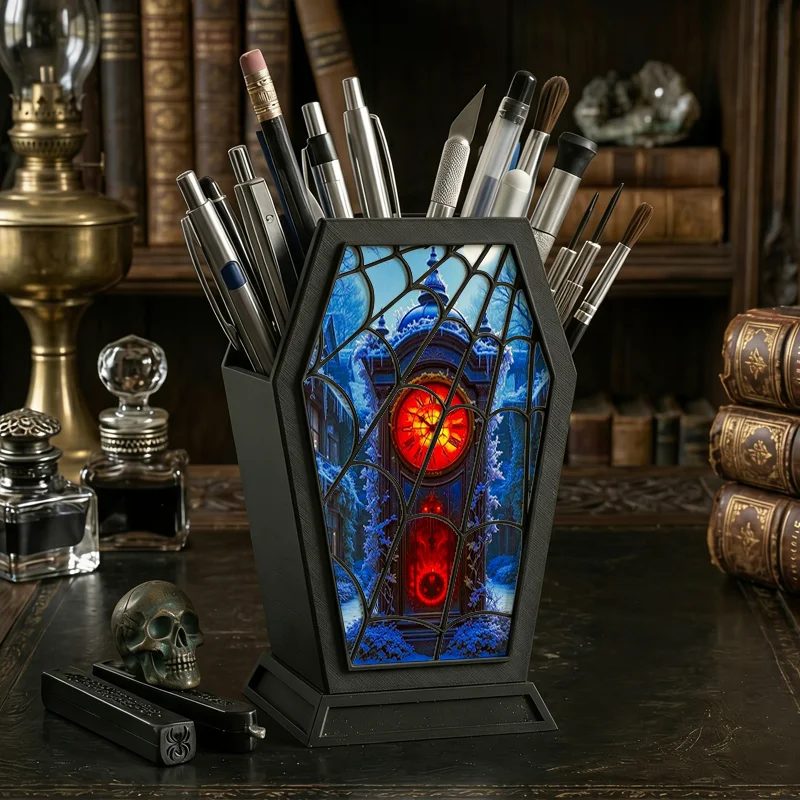 Gothic Clock Winter Castle Pen Holder Pencil Cup Spooky Desktop Stationery Organizer Halloween Home Office Desk Decor