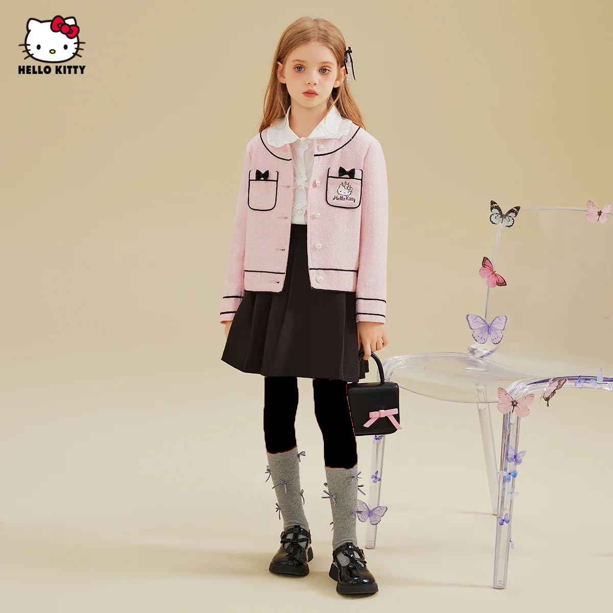 

【Официально лицензированное】Осеннее розовое пальто для девочек с двумя карманами, украшением в виде банта, милый и элегантный топ, подходит для повседневного использования