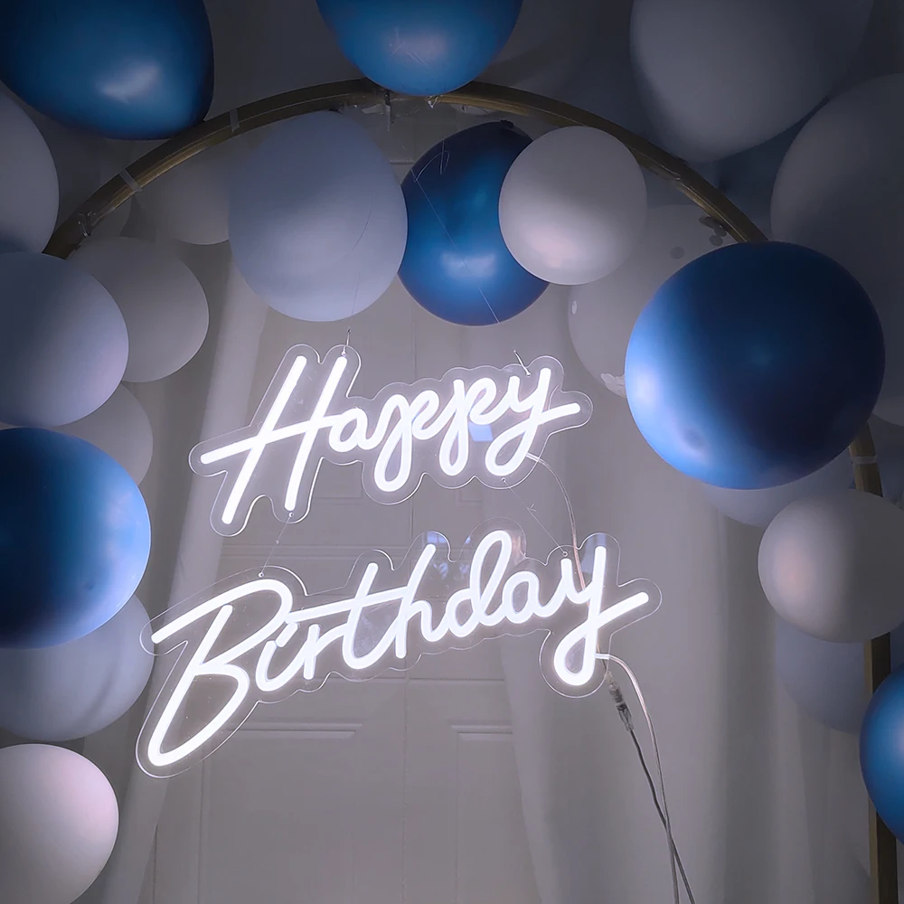 Large Size 'Happy Birthday' Customizable LED Light Neon Sign with Clear Acrylic Backer Dimmable Flexible Party Decor