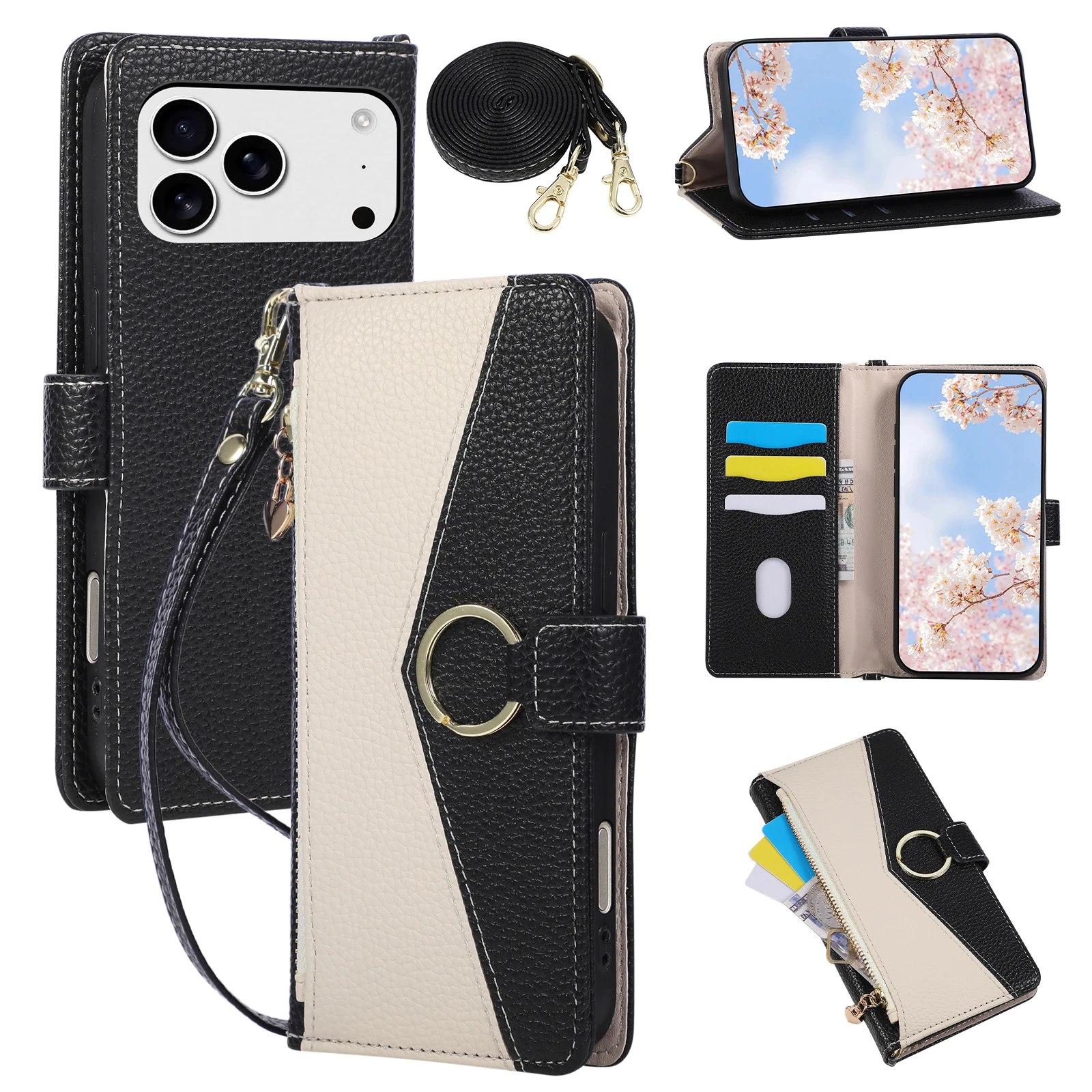 

Luxury Crossbody Lanyard Leather Card Slot Zipper Wallet Case For iPhone 17 12 13 14 15 16 Pro Max Plus Purse Phone Cover Ring