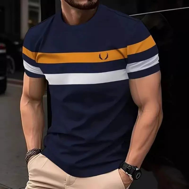 

Men's street fashion clothing 3D printed striped pattern customized round neck short sleeved casual T-shirt for men