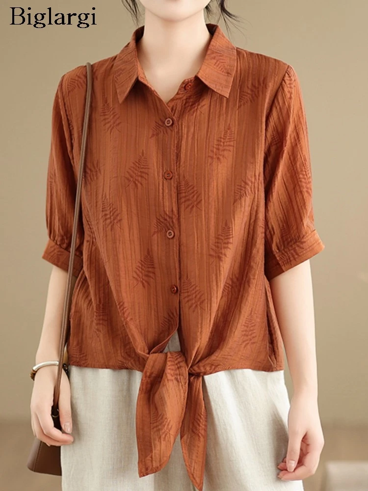 

Oversized Summer Shirts Women Irregular Pleated Fashion Floral Print Ladies Cropped Blouses Casual Loose Woman Shirt