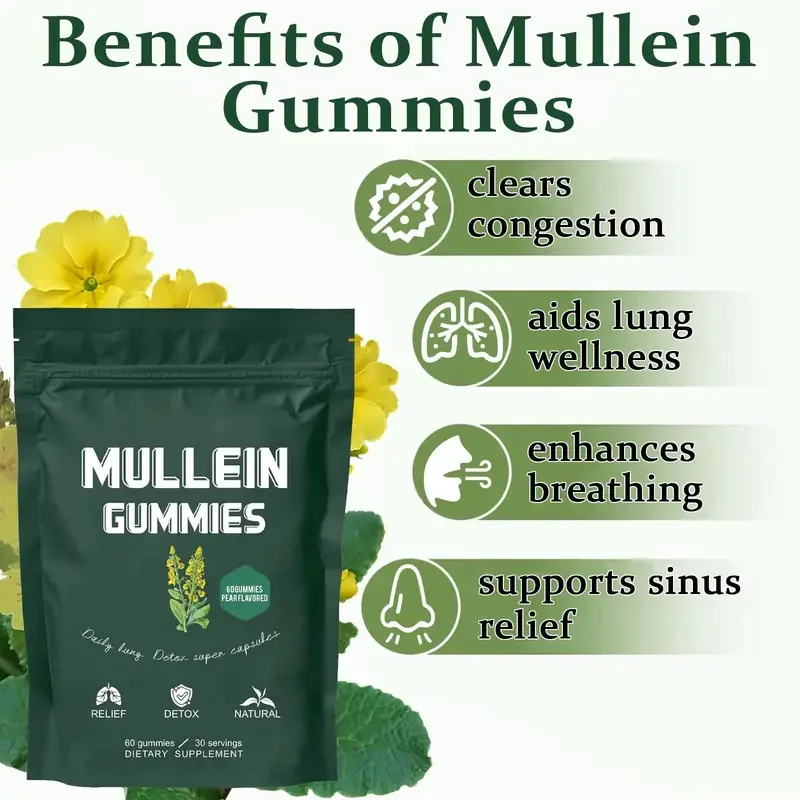 

60 Count Mullein Gummies for Lung 2000 Mg - Relieves Coughs, Improves Digestion, Supports Respiratory Cleansing and Detox