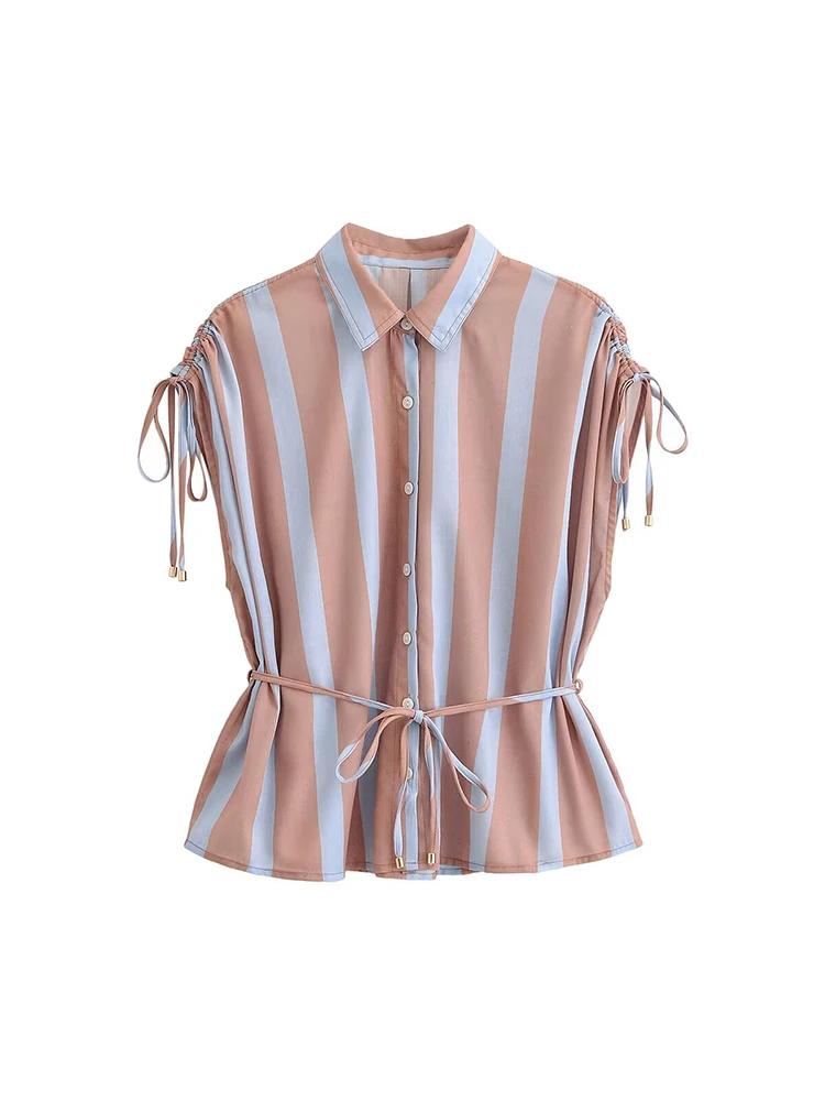TFMLN Women Sleeveless Shirt Lapel Collar Striped Front Button With Lace Up Casual Summer Tops Fashion Elegant Female Outfit