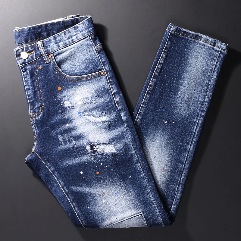 Street Fashion Mannen Jeans Retro Blauwe Elastische Stretch Slim Fit Geschilderde Gescheurde Jeans Mannen Patch Designer Hiphop Denim Broek Hombre