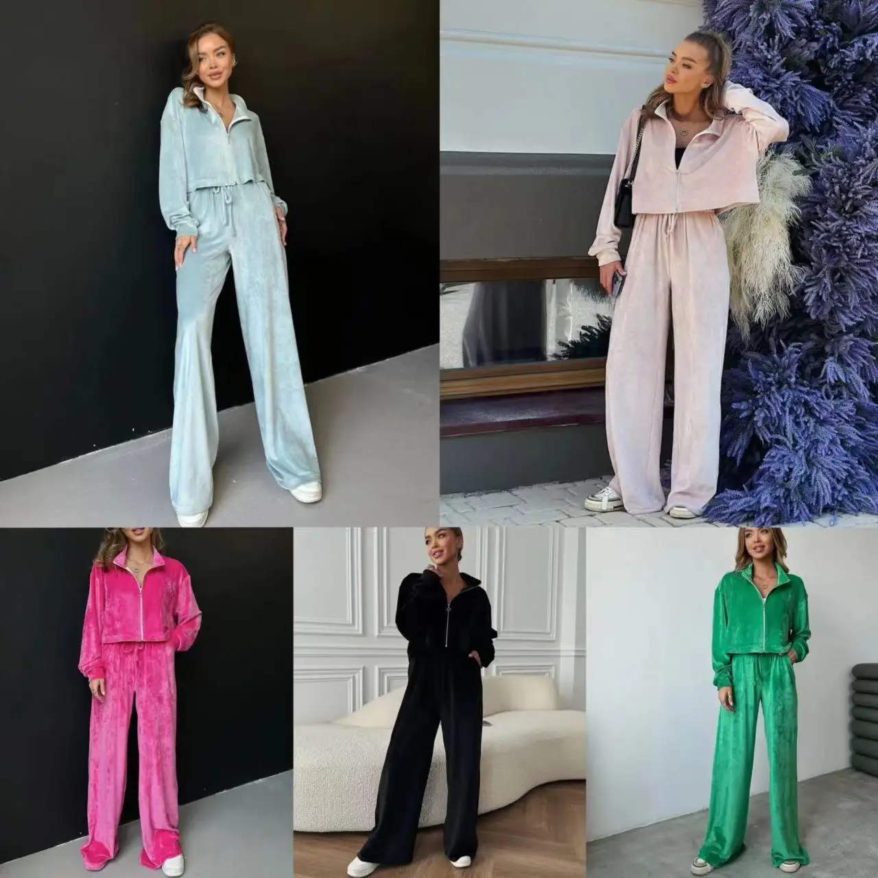 

Autumn Long Zipper Lapel Jaet Women's Faion Simple Sle Pure Color Elastic Sve Long Pants Tee Piece Set