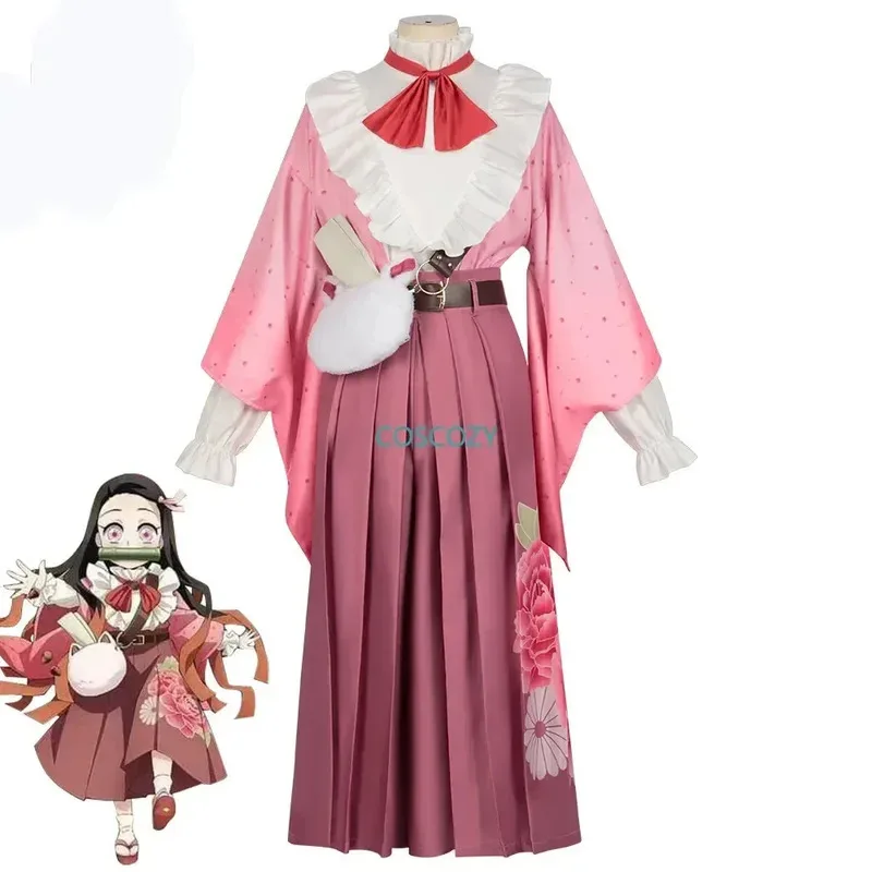 New Arrival Kamaado Nezukko Cosplay Costume Lady Girls' Birthday Costume Gifts New Nezuko Uniform Bamboo Wig Bag Pink Full Suit