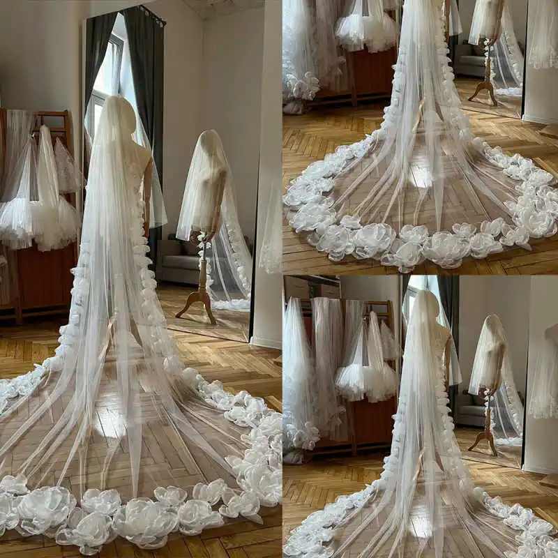 

Fashion Floral Lace Wedding Veil 3 Meters White Ivory Bridal Veil Appliques Bride Headpiece Accessories