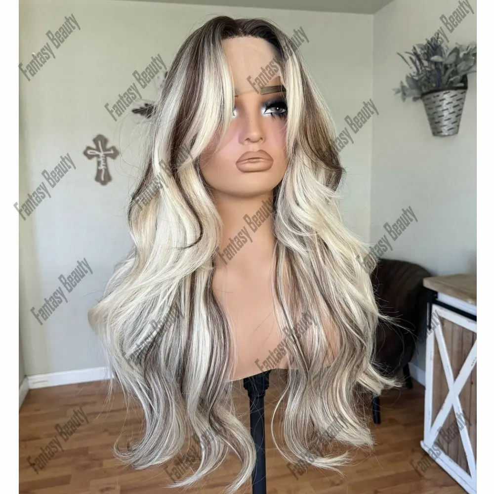 Dark Root Ombre Platinum Blonde 13*6 Lace wigs Human Hair Quality Hightlight Color Loose Wave Glueless Full Lace Wigs Human Hair